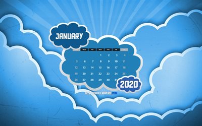 Bulutlar, Takvim 2020 Ocak, mavi arka plan ile Ocak 2020 Takvim, 4k, mavi bulutlar, kış, 2020 takvimi, 2020 Ocak, yaratıcı, soyut bulutlar, Ocak 2020 takvimi, 2020 takvimler