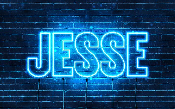 Jesse, 4k, les papiers peints avec les noms, le texte horizontal, Jesse nom, bleu n&#233;on, une photo avec le nom de Jesse