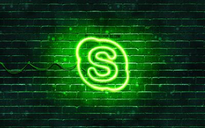 سكايب الأخضر شعار, 4k, الأخضر brickwall, شعار سكايب, العلامات التجارية, سكايب النيون شعار, سكايب
