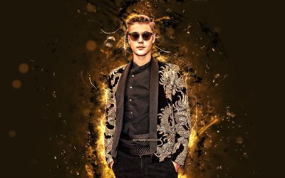 4k, Justin Bieber, supert&#228;hti&#228;, amerikkalainen julkkis, ruskea neon valot, musiikin t&#228;hdet, Justin Drew Bieber, amerikkalainen laulaja, Justin Bieber 4K