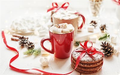 Christmas, red cup, cookies, cocoa with marshmallows, Merry Christmas, Happy New Year
