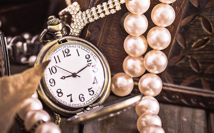 腕時計, 昔懐中時計, 時間概念, レトロなもの, 真珠