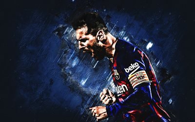 Lionel Messi, FC Barcelona, world football star, legendary soccer player, Argentinean soccer player, portrait, blue stone background, La Liga, Champions League, football