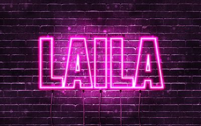 Laila, 4k, adları Laila adıyla, Bayan isimleri, Leyla adı, mor neon ışıkları, yatay metin, resim ile duvar kağıtları