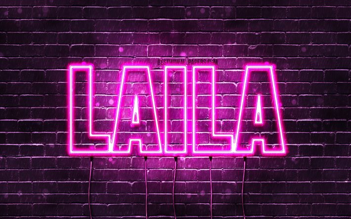 Laila, 4k, 壁紙名, 女性の名前, Laila名, 紫色のネオン, テキストの水平, 写真Laila名