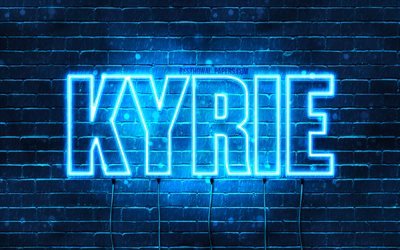 Kyrie, 4k, fondos de pantalla con los nombres, el texto horizontal, Kyrie nombre, luces azules de ne&#243;n, imagen con Kyrie nombre