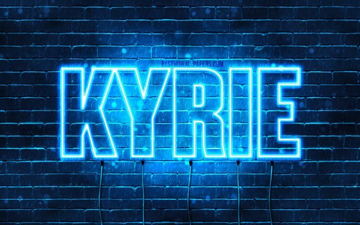 Kyrie, 4k, fondos de pantalla con los nombres, el texto horizontal, Kyrie nombre, luces azules de ne&#243;n, imagen con Kyrie nombre