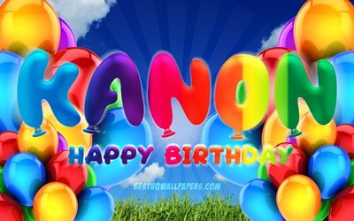 Kanon Happy Birthday, 4k, cloudy sky background, female names, Birthday Party, colorful ballons, Kanon name, Happy Birthday Kanon, Birthday concept, Kanon Birthday, Kanon