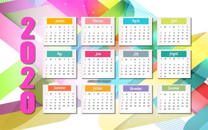2020 calendario, colorato astratto sfondo, tutti i mesi dell&#39;2020, linee di sfondo, 2020 griglia del calendario, 2020 calendario per tutti i mesi