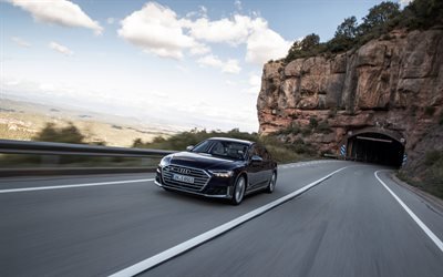 Audi S8, 2020, exterior, blue sedan, new blue S8, front view, German cars, Audi