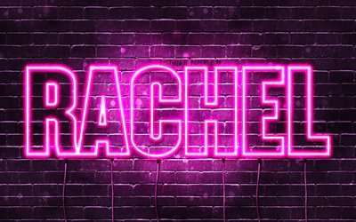Rachel, 4k, wallpapers with names, female names, Rachel name, purple neon lights, horizontal text, picture with Rachel name