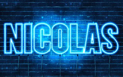 nicolas, 4k, tapeten, die mit namen, horizontaler text, nicolas name, blue neon lights, bild mit nicolas name