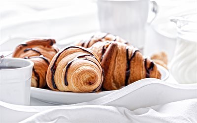 croissants, white cups, pastries, french croissants, breakfast concepts