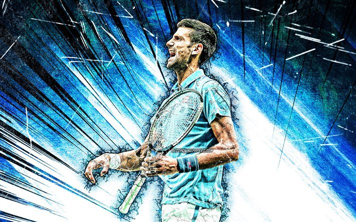 Novak Djokovic, ATP, grunge art, Serbian tennis players, tennis, blue abstract rays, Djokovic, fan art