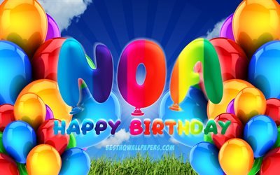 Noa Feliz Cumplea&#241;os, 4k, nublado cielo de fondo, los nombres femeninos, Fiesta de Cumplea&#241;os, coloridos globos, Noa nombre, Feliz Cumplea&#241;os de Noa, Cumplea&#241;os concepto, Cumplea&#241;os de Noa, Noa