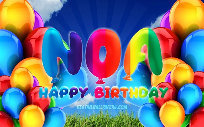 Noa buon Compleanno, 4k, cielo coperto sfondo, nomi di donna, Festa di Compleanno, palloncini colorati, Noa nome, Felice Compleanno Noa, feste di Compleanno, concetto, Noa Compleanno, Noa
