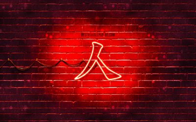 Kişi, kırmızı brickwall, Kişi Japon karakter, kırmızı neon sembollerin kişi Kanji hiyeroglif, 4k, Japon hiyeroglif neon, Kanji, Japonca, İnsan Japonca