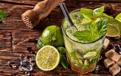 Mojito, 4k, soft drinks, cocktails, lemon and mint, ice drinks, glass with drink