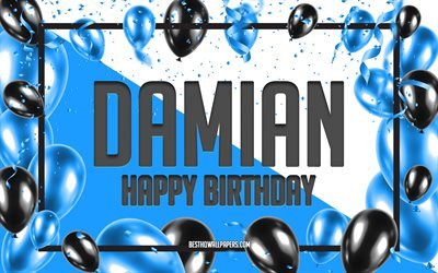 Feliz Cumplea&#241;os de Damian, Globos de Cumplea&#241;os de Fondo, Damian, fondos de pantalla con los nombres de Damian, Feliz Cumplea&#241;os, Globos Azules Cumplea&#241;os de Fondo, tarjeta de felicitaci&#243;n, Cumplea&#241;os de Damian