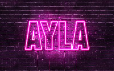 Ayla, 4k, wallpapers with names, female names, Ayla name, purple neon lights, horizontal text, picture with Ayla name