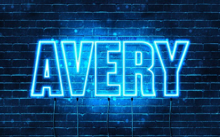 Avery, 4k, pap&#233;is de parede com os nomes de, texto horizontal, Avery nome, luzes de neon azuis, imagem com Avery nome