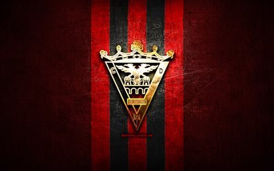 2 2 Mirandes FC, altın logo, UEFA Şampiyonlar Ligi, kırmızı metal arka plan, futbol, CD Mirandes, İspanyol Futbol Kul&#252;b&#252;, Mirandes logo, LaLiga, İspanya