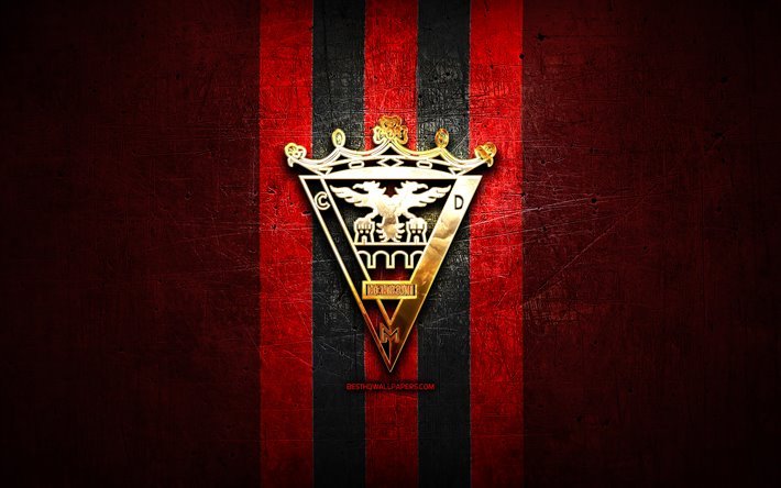 Mirandes FC, golden logo, La Liga 2, red metal background, football, CD Mirandes, spanish football club, Mirandes logo, soccer, LaLiga 2, Spain