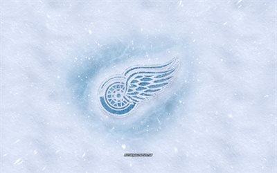 Detroit Red Wings logo, American hockey club, winter concepts, NHL, Detroit Red Wings ice logo, snow texture, Detroit, Michigan, USA, snow background, Detroit Red Wings, hockey