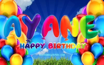 Ayane Happy Birthday, 4k, cloudy sky background, female names, Birthday Party, colorful ballons, Ayane name, Happy Birthday Ayane, Birthday concept, Ayane Birthday, Ayane