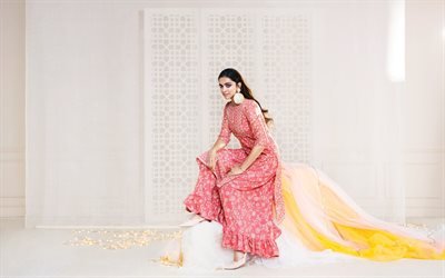 Deepika Padukone, indian actress, red indian dress, photoshoot, indian fashion model, popular indian actresses