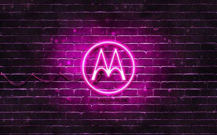 Motorola紫色のロゴ, 4k, 紫brickwall, モトローラのロゴ, ブランド, モトローラネオンのロゴ, モトローラ