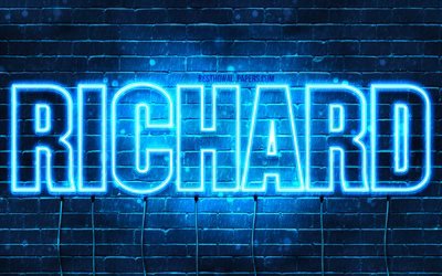 Richard, 4k, adları Richard adı ile, yatay metin, Richard adı, mavi neon ışıkları, resimli duvar kağıtları