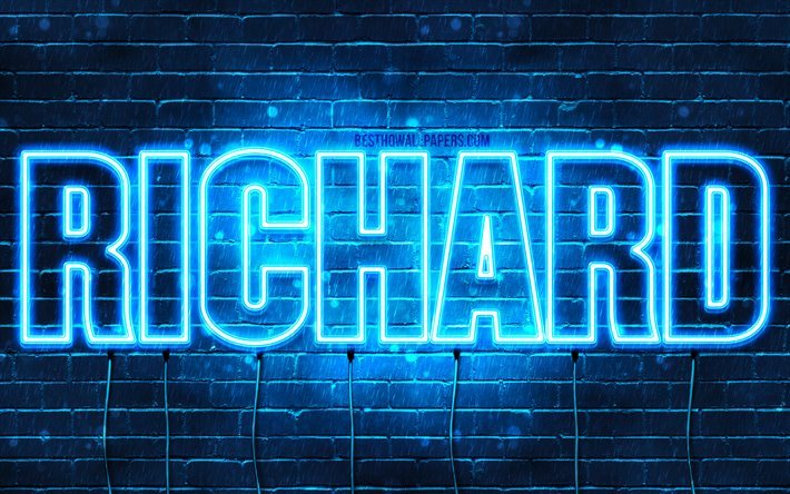 Richard, 4k, tapeter med namn, &#246;vergripande text, Richard namn, bl&#229;tt neonljus, bild med Richard namn