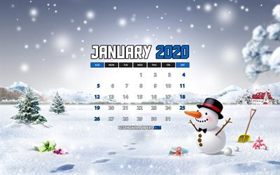 January 2020 Calendar, 4k, snowman, winter, 2020 calendar, January 2020, creative, winter landscape, January 2020 calendar with snowman, Calendar January 2020, blue background, 2020 calendars
