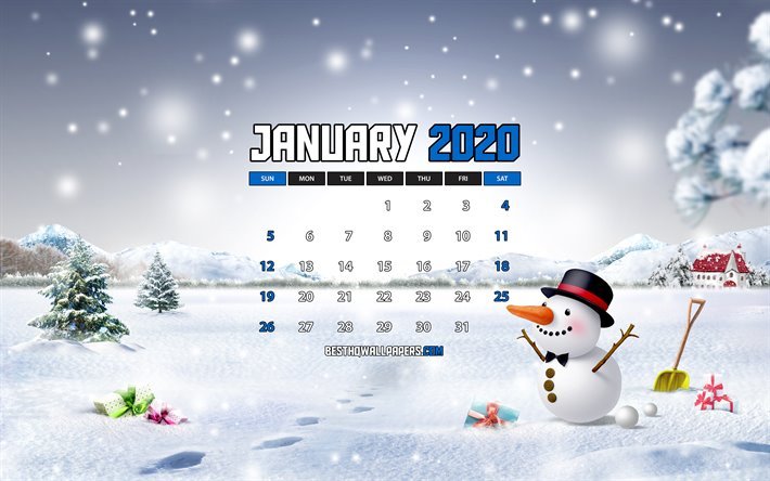 日2020年のカレンダー, 4k, 雪だるま, 冬, 2020年のカレンダー, 日2020年, 創造, 冬景色, 日2020年のカレンダーと雪だるま, カレンダー月2020, 青色の背景
