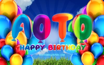 Aoto Happy Birthday, 4k, cloudy sky background, female names, Birthday Party, colorful ballons, Aoto name, Happy Birthday Aoto, Birthday concept, Aoto Birthday, Aoto