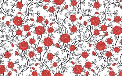 4k, 赤いバラをパターン, 花のパターン, 装飾美術, 花, バラの花のパターン, 白い花の背景, 抽象パターンバラ, 背景とのバラ, 花織