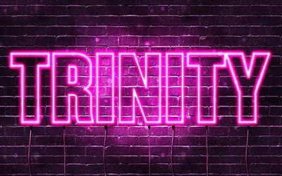 Trinity, 4k, wallpapers with names, female names, Trinity name, purple neon lights, horizontal text, picture with Trinity name