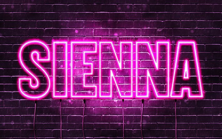 Sienna, 4k, taustakuvia nimet, naisten nimi&#228;, Sienna nimi, violetti neon valot, vaakasuuntainen teksti, kuva Sienna nimi