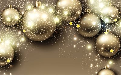 4k, ouro bolas de natal, estrelas de ouro, decora&#231;&#245;es de natal, Ano Novo