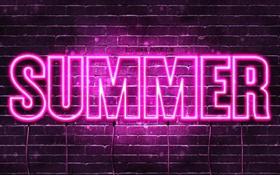 Summer, 4k, wallpapers with names, female names, Summer name, purple neon lights, horizontal text, picture with Summer name