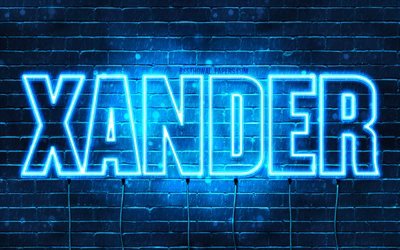 Xander, 4k, les papiers peints avec les noms, le texte horizontal, Xander nom, bleu n&#233;on, photo avec Xander nom