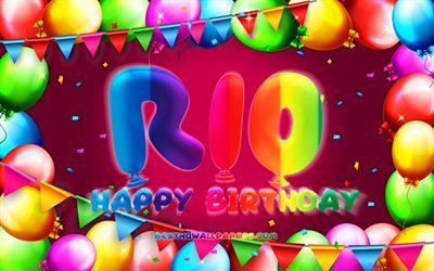 Grattis P&#229; F&#246;delsedagen Rio, 4k, f&#228;rgglad ballong ram, kvinnliga namn, Rio namn, lila bakgrund, Rio Grattis P&#229; F&#246;delsedagen, Rio F&#246;delsedag, kreativa, F&#246;delsedag koncept, Rio