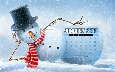 4k, gennaio 2020 il Calendario, sdraiato pupazzo di neve, 2020 calendario, gennaio 2020, creative, neve, sfondi, gennaio 2020 il calendario con pupazzo di neve, Calendario gennaio 2020, sfondo, 2020 calendari