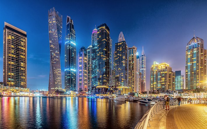Dubai, evening, skyscrapers, modern buildings, cityscape, Dubai Marina, UAE