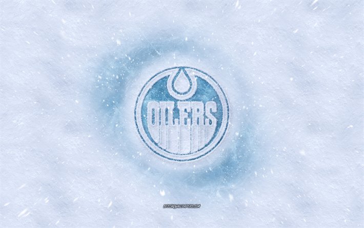 Edmonton Oilers-logo, Canadian hockey club, talvi k&#228;sitteit&#228;, NHL, Edmonton Oilers ice logo, lumen rakenne, Edmonton, Alberta, Kanada, USA, lumi tausta, Edmonton Oilers, j&#228;&#228;kiekko