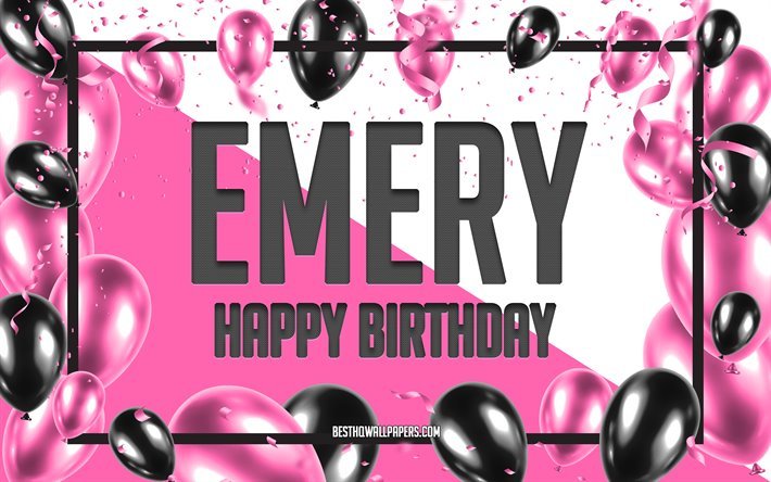 お誕生日おめでエメリー, お誕生日の風船の背景, エメリー, 壁紙名, エメリーに嬉しいお誕生日, ピンク色の風船をお誕生の背景, ご挨拶カード, エメリーの誕生日