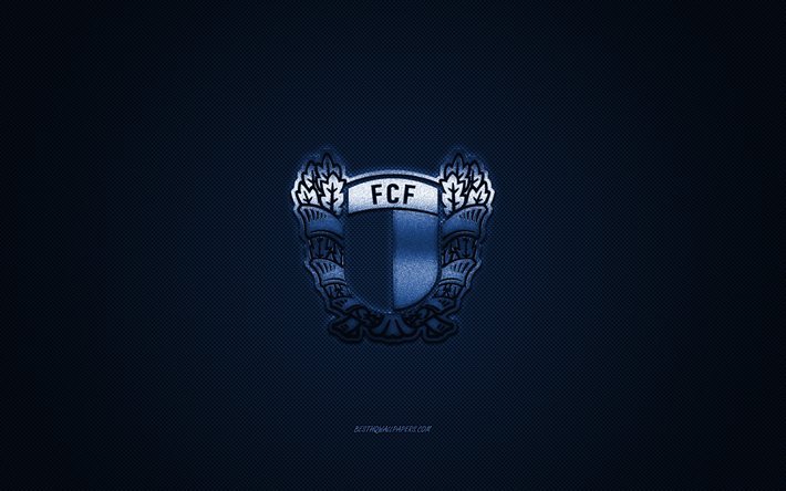 FC Famalicao, ポルトガル語サッカークラブ, のプレミアリーグ, 青色のロゴ, ブルーカーボンファイバの背景, サッカー, ヴィラノヴァFamalican, ポルトガル, FC Famalicaoロゴ