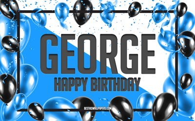お誕生日おめでジョージ, お誕生日の風船の背景, ジョージ, 壁紙名, ジョージ-お誕生日おめで, 青球誕生の背景, ご挨拶カード, ジョージ誕生日