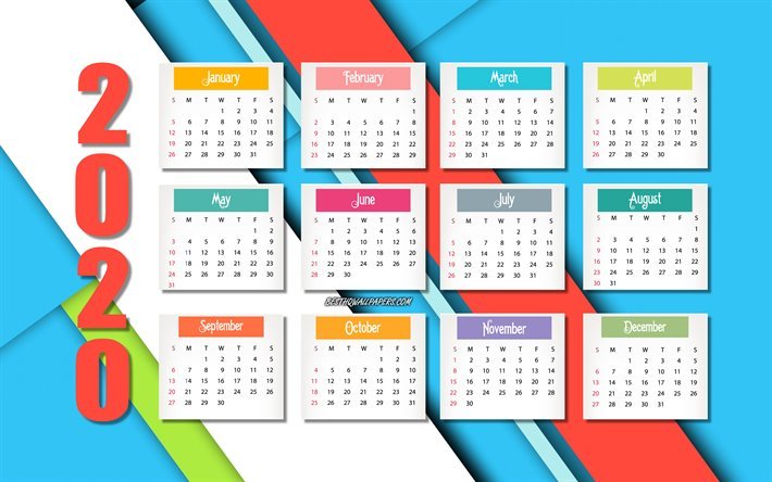 Resumen 2020 calendario, colorido abstracto de fondo, 2020 conceptos de 2020, todos los meses del calendario, fondo creativo, Feliz Nuevo A&#241;o 2020, calendario